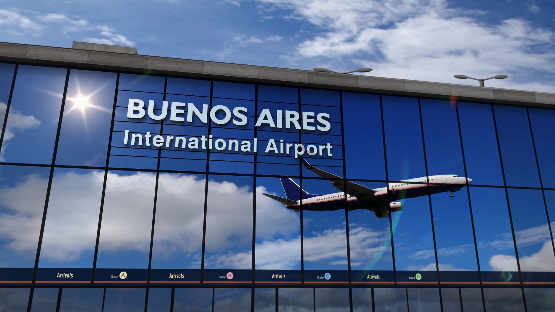 Aterrizaje de avión en Buenos Aires espejado en terminal